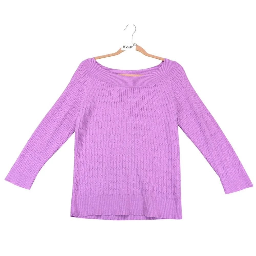 Talbots Purple Cable Knit Boat Neck Pullover Sweater Womens XL Pima Cotton Chic